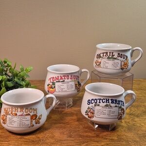 VINTAGE Set of 4 Ceramic Recipe Soup Mugs, Mushroom Oxtail Tomato Scotch Broth